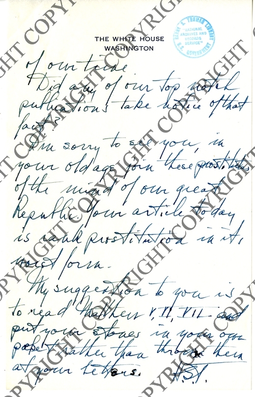 Unsent Draft Letter from President Harry S. Truman to Frank Kent, with Attached Newspaper Clipping