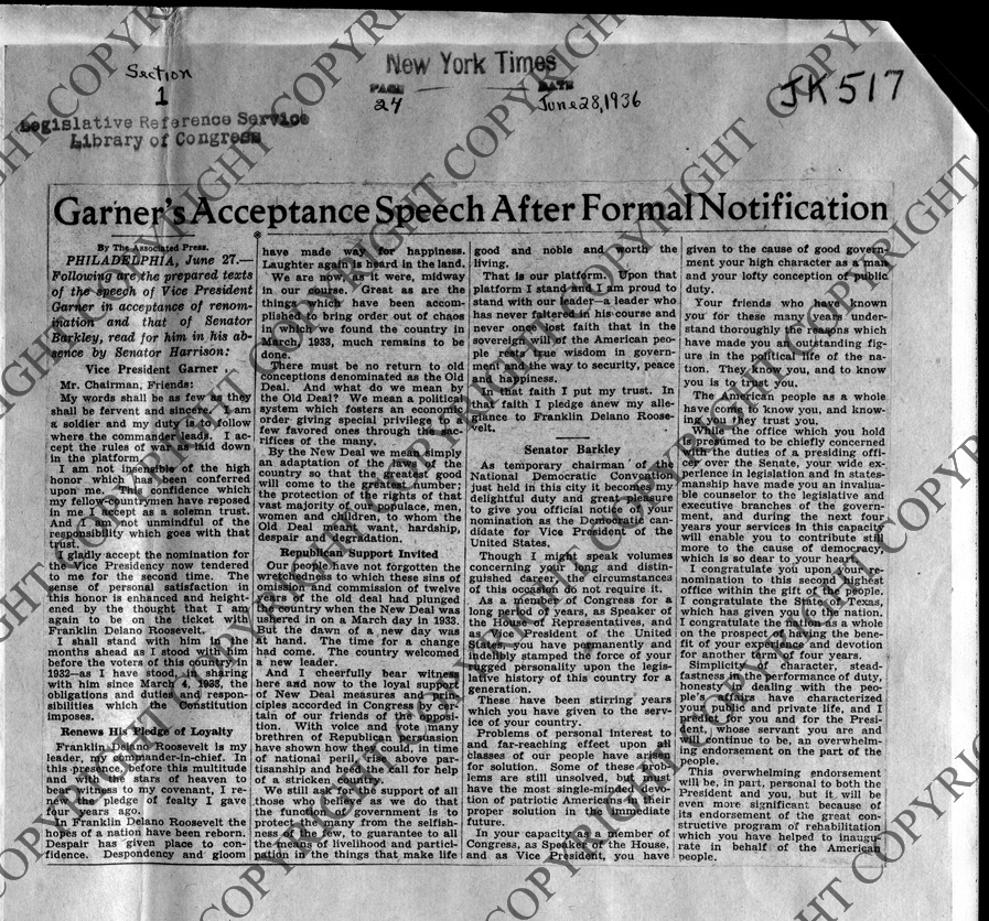 Newspaper Articles on Acceptance Speeches of John Nance Garner