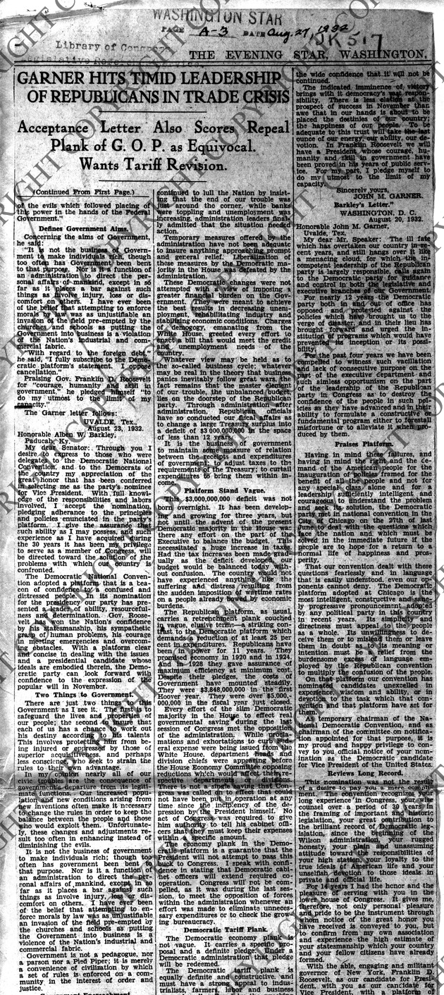 Newspaper Articles on Acceptance Speeches of John Nance Garner