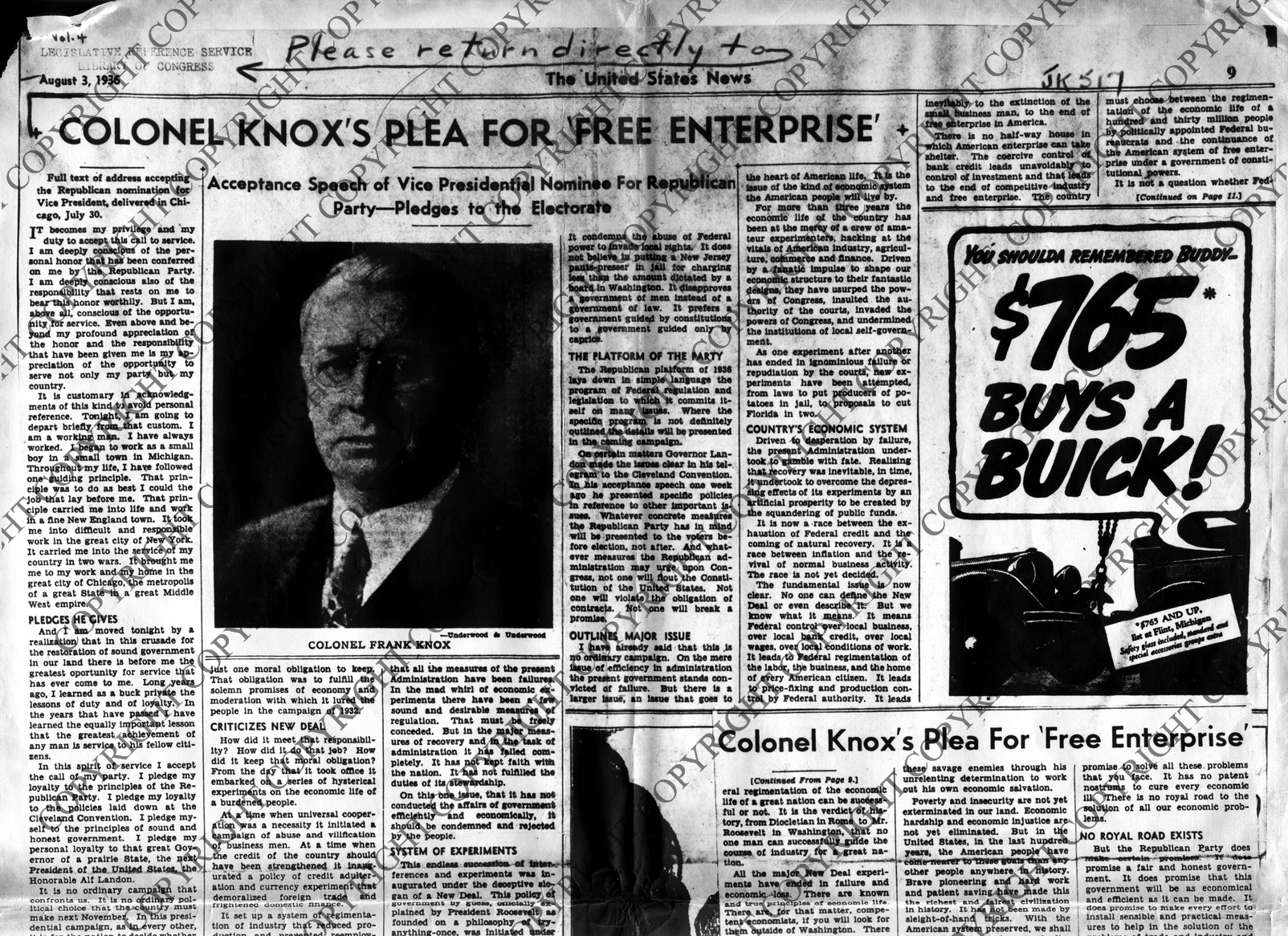 Newspaper Article, "Colonel Knox's Plea for 'Free Enterprise'"